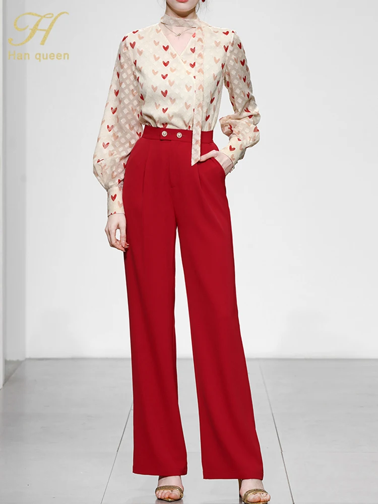 babyoung-2-piece-suits-women's-spring-autumn-elegant-print-shirt-blouse-simple-high-waist-wide-leg-pants-korean-casual-set