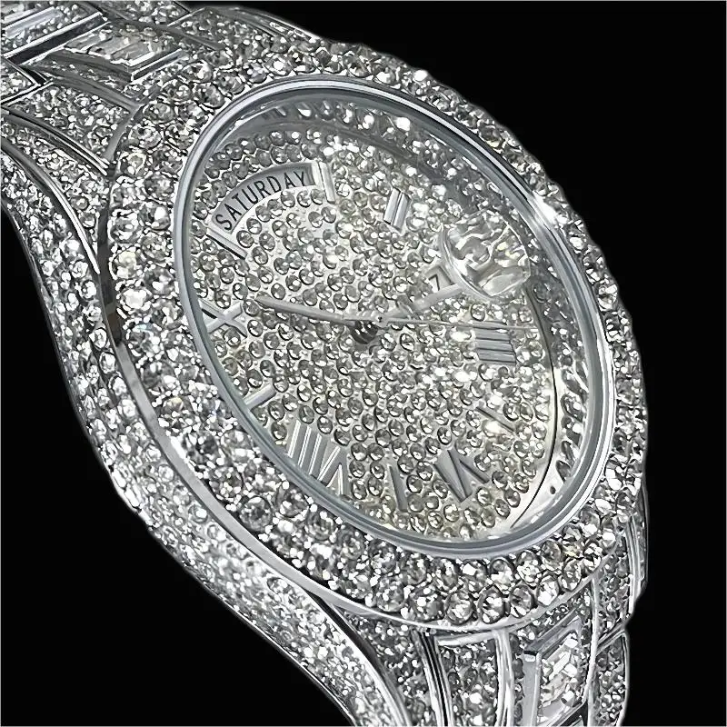 MISSFOX Guldklocka för män Mode Hip Hop Iced Diamond Automatisk kalendervecka Vattentät Quartz Armbandsur Man Reloj_voghion.com