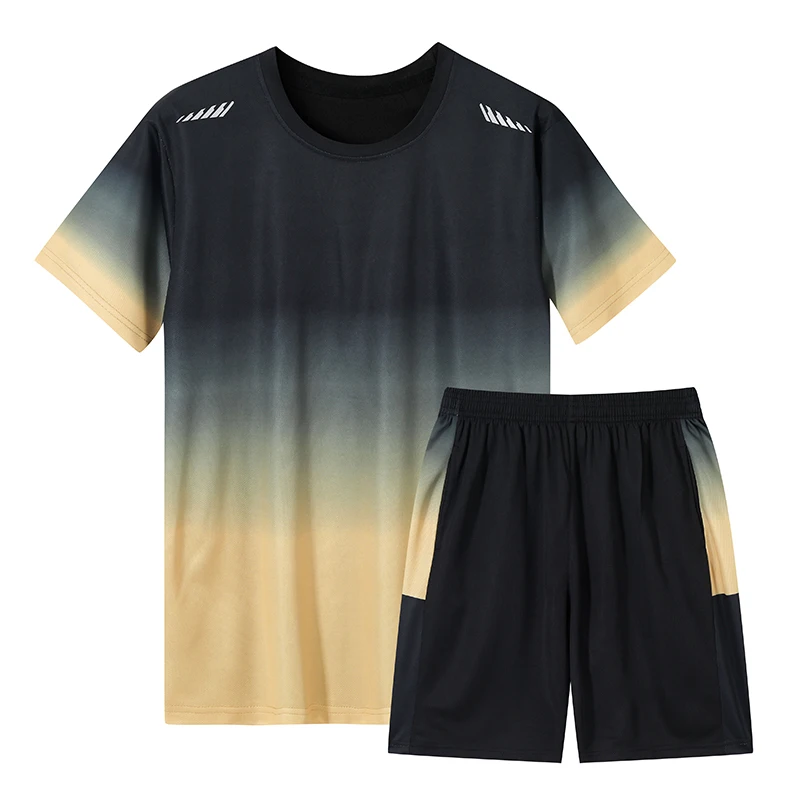 Summer Fitness suit Men's Women's Casual Gradient Print Ice Silk T-Shirt + Sports Shorts suit Men's Jogging Training 2-Piece Set