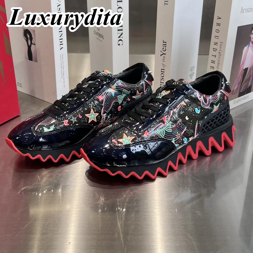 

LUXURYDITA Designer Men Casual Sneakers Real Leather Red sole Luxury Womens Tennis Shoes 35-47 Fashion Unisex loafers HJ117