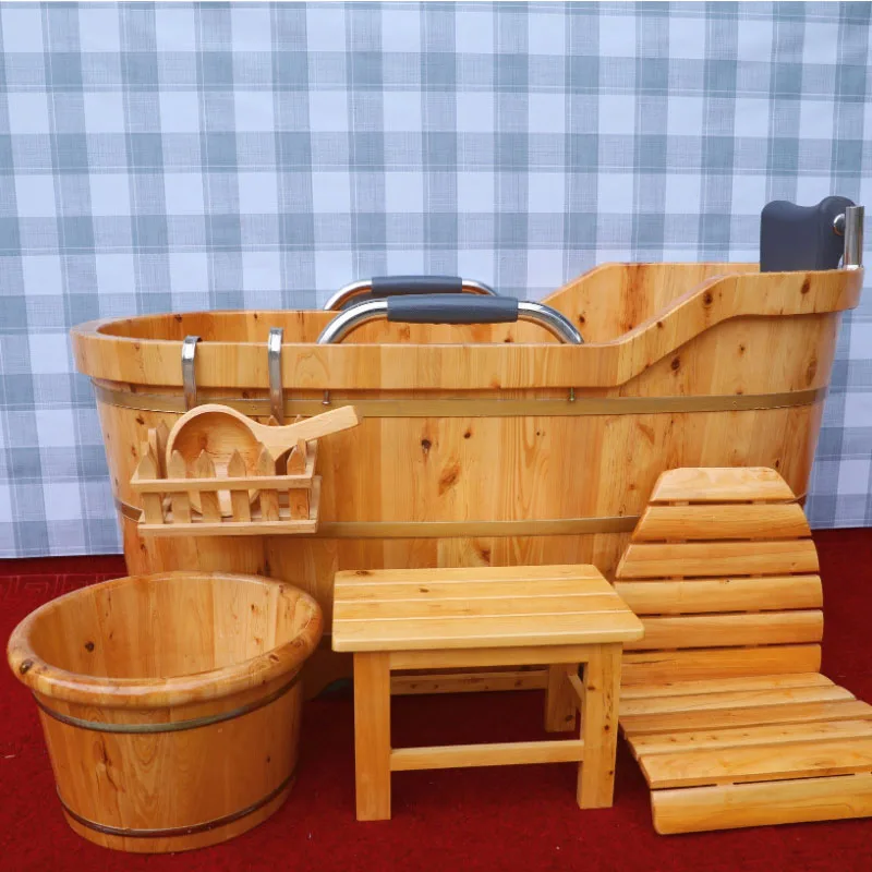 Sauna-Badezimmerbadewanne aus Holz, freistehende Badewanne, Badewannenwaschbecken
