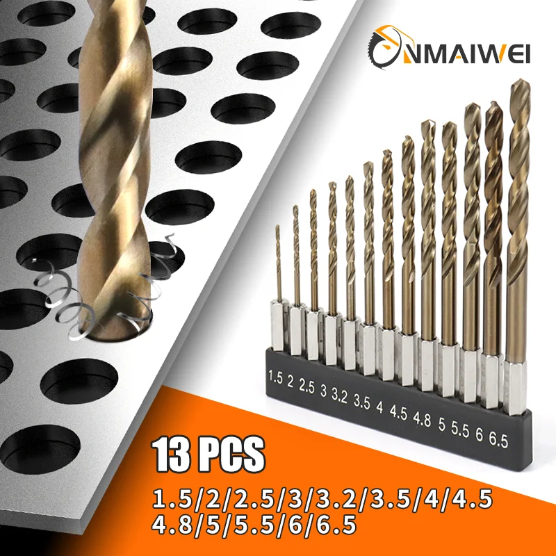 13-Piece HSS Drill Bit Set – 1.5-6.5mm, Titanium Coated, 1/4" Hex Shank For Wood & Metal