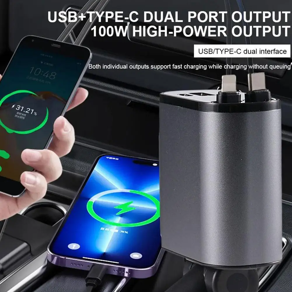 Chargeur Voiture Rétractable 66W - Charge Rapide 4 En 1 Avec 2 Ports Affichage Tension Compatible Iphone Galaxy Huawei 96394948