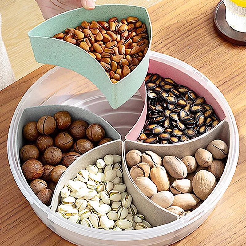 Multi-grids Nuts Container Appetizer Tray Lid and Handle 5 Compartment Divided Snack Caddy Organizer for Home Party Holiday
