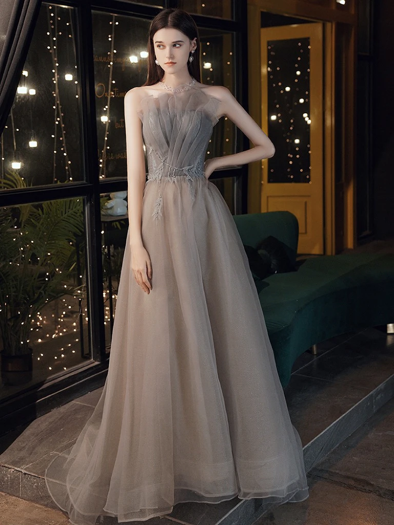 

Sexy Strapless Evening Dresses Gray A Line Sequined Applique Pleated Hepburn Long Vestidos Formal Elegant Prom Party Host Gowns