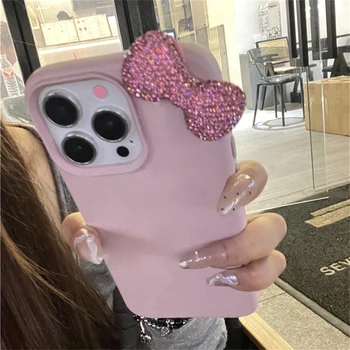 Luxury Rhinestone Bow Litchi Pattern Leather Shockproof Phone Case For iPhone 16 15 14 13 12 11 Pro Max X XS XR 7 Plus Soft Case