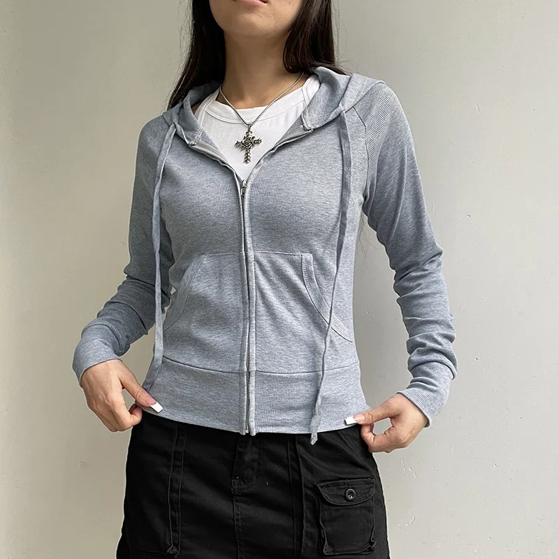 

Y2k Aesthetic Vintage Zipper Hooded Hoodies Women Solid Color Long Sleeve Grunge Ribbed Sweatshirt Harajuku Casual Pullovers