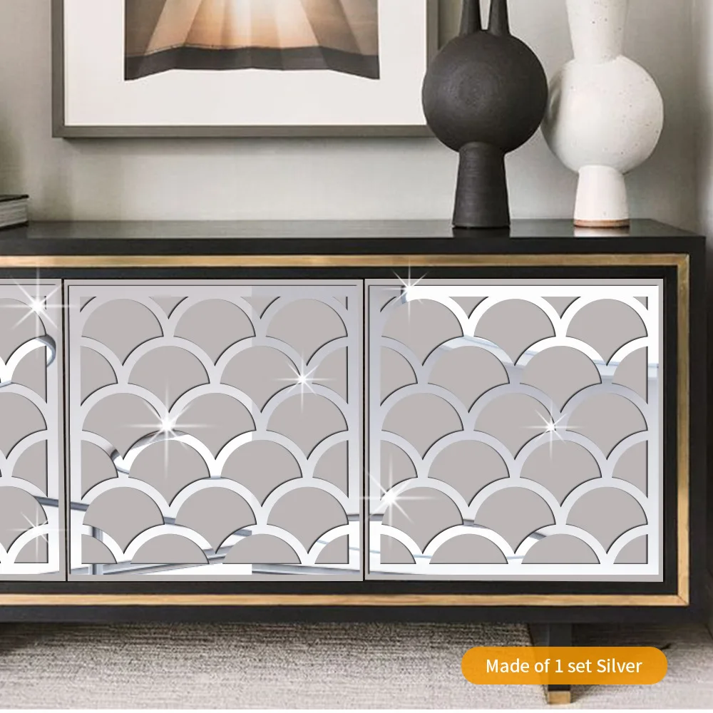 15/20/27cm Silver Hollow Engraving Mirror Sticker Cabinet Furniture Decoration 3D Decal Home Design Acrylic Art Sticker 4pcs/set