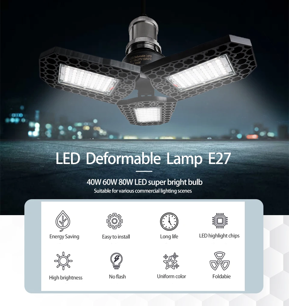 LED Deformation Folding Lamp E27 Screw Three-Leaf Bulb 40W 60W 80W Celiing Light Wide Pressure AC 110V 220V Led Garage Light