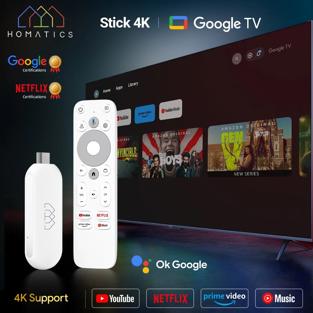 Netflix Google Certified Amlogic S905Y4 Google 12.0 TV Stick HOMATICS 4K TV BOX H.265 2T2R Wifi Support Dolby Atmos AV1 2GB 32GB