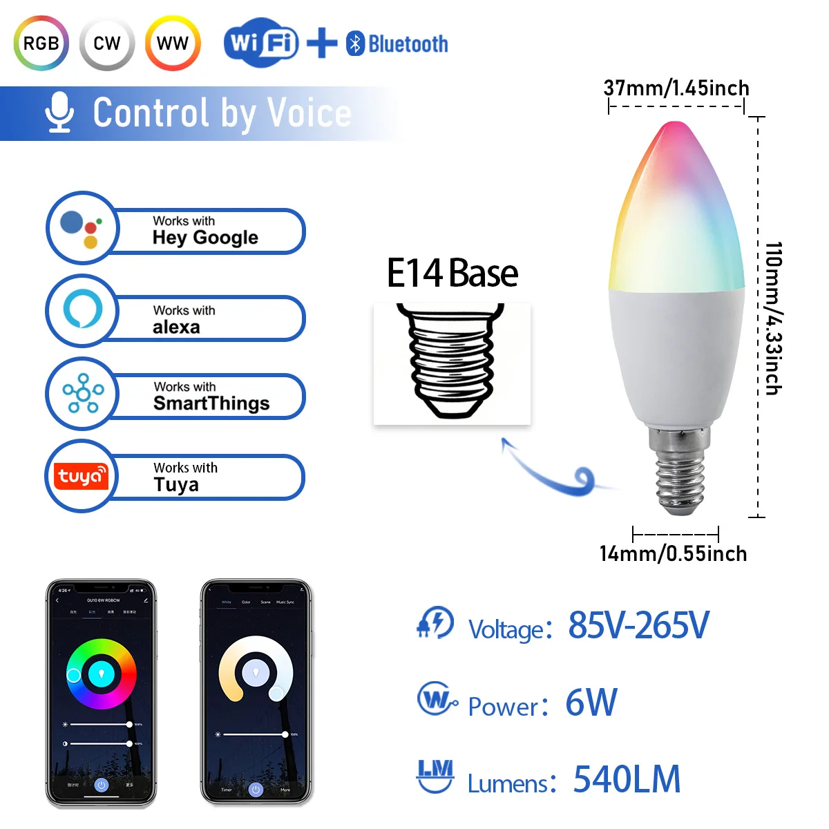 투야 RGB LED 캔들 전구 B22 E14 E27 85-265V 앱 제어 스마트 램프 WIFI 블루투스 RGB LED 조명 라이프 홈 그룹 크리스탈 램프