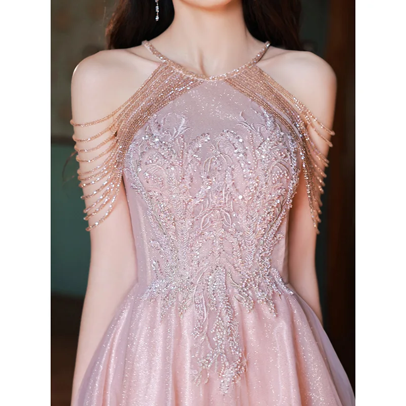 

Glitter Celebrity Prom Dress Halter Sequined Embroidery Beading Tassel Dress Hollow Out Sleeveless Korean Sexy Evening Vestidos