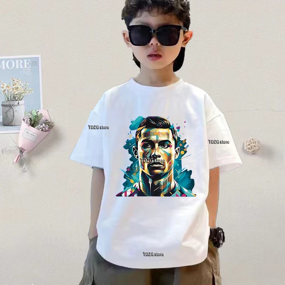 قميص صيفي للأطفال مطبوع عليه رونالدو Cr7 بأكمام قصيرة، تي شيرت قطني مريح للأطفال، ملابس عصرية للأولاد