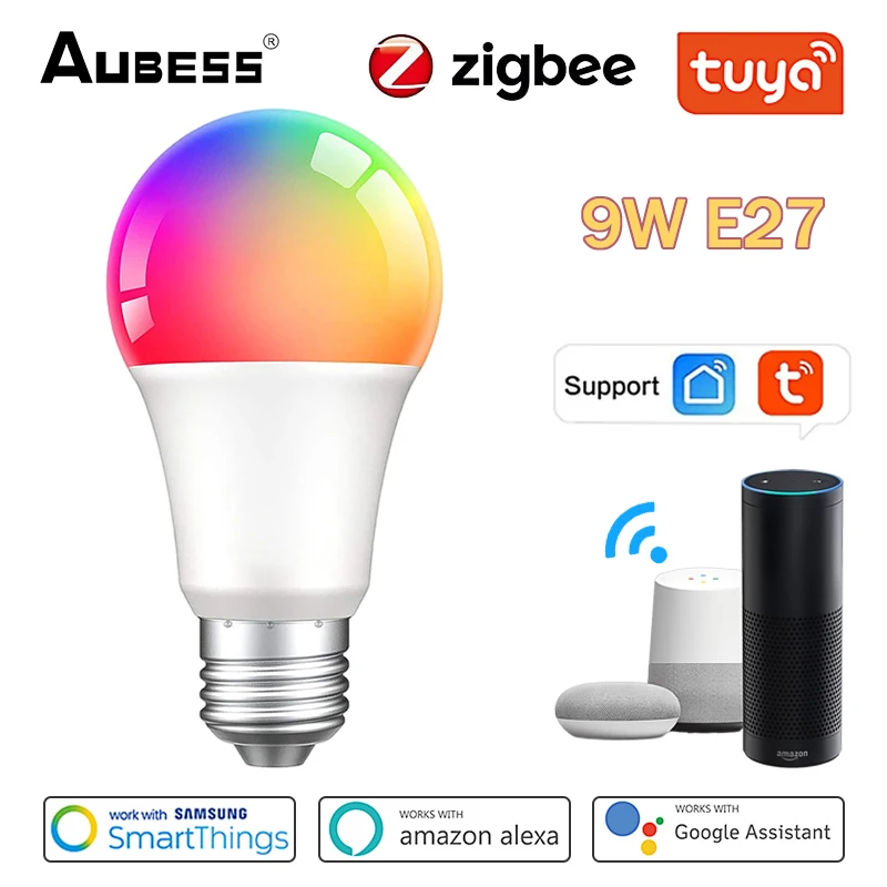 

Умная Светодиодная лампа Aubess Zigbee3.0 E27, Регулируемая яркость, RGBCW, 9 Вт, телефон с голосовым управлением, совместима с Alexa Google Assistant