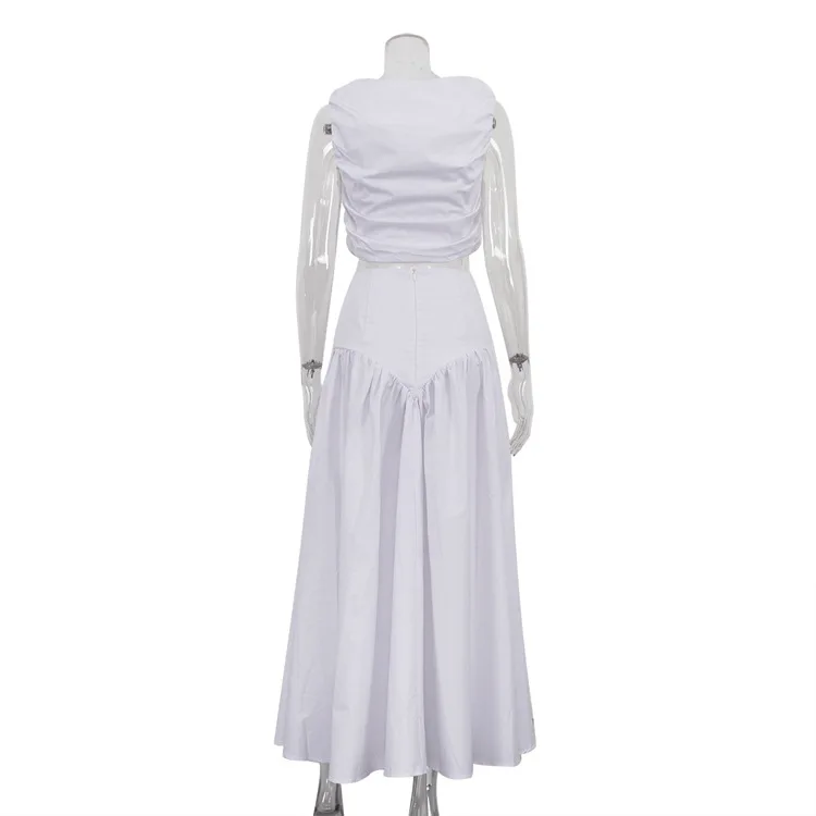 White Pleated 2 Piece-Set Maxi Skirt Women V-Neck Cropped Top And Patchwork Fashion Long Skirt Sets Ladies Solid Outfits