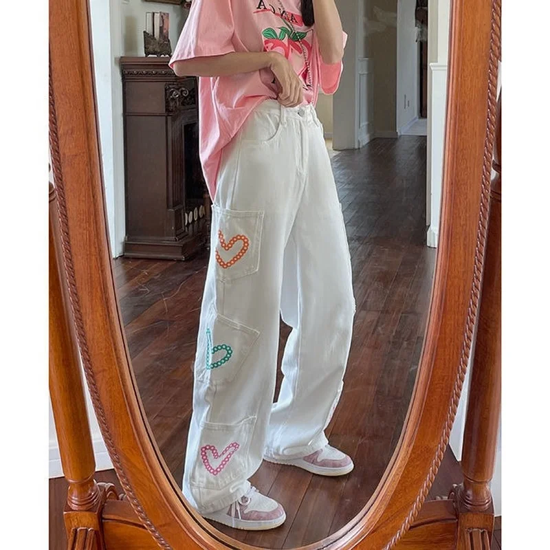  Korean Streetwear White Baggy Jeans Women Letter Embroidery Pockets Cargo Pants Autumn Fashion Wide Leg Trousers Female