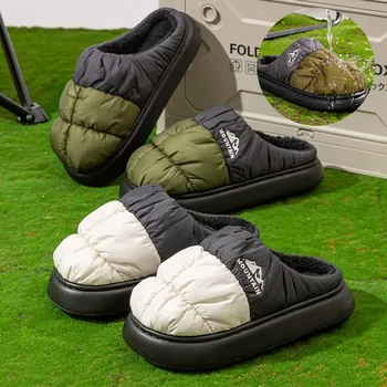 Long Plush Thick Warm Winter Slippers Women Waterproof Down Outdoor Slippers Unisex Mix Color Non Slip Cotton Shoes Woman Comfy 1
