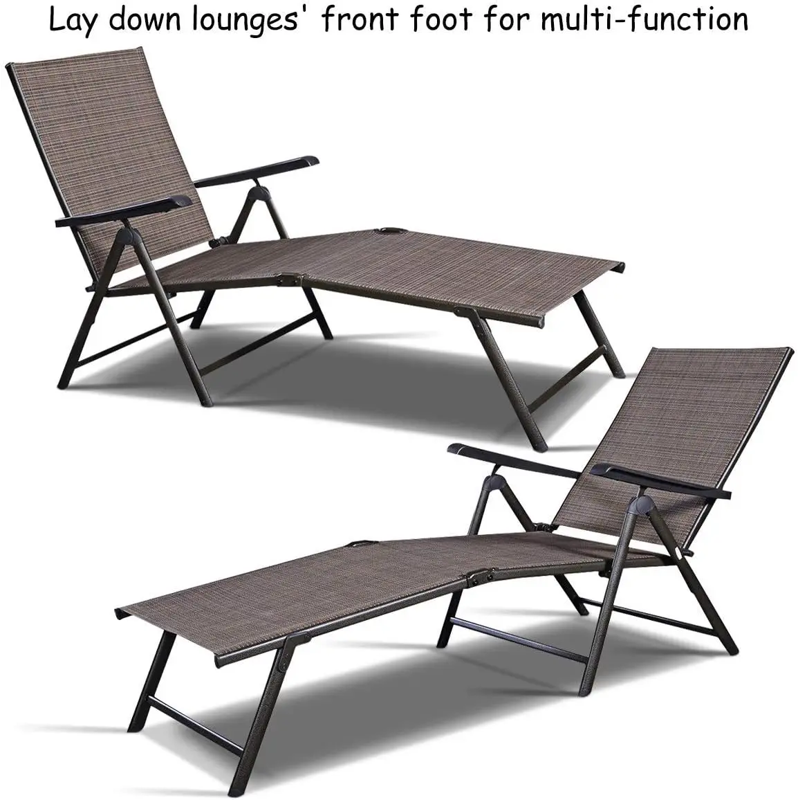 Set of 2 Patio Adjustable Chaise, 5 Back & 2 Leg Positions Adjustable Textiline Outdoor Reclining Lounger Chairs 5