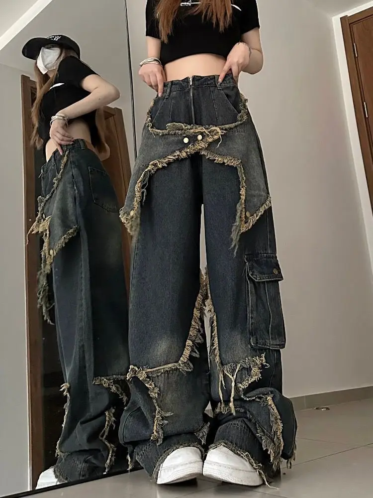 thumbnail image 1 of Pantalones vaqueros de cintura alta ajustados con diseño de estrellas retro americanas Y2K de verano nuevos, pantalones vaqueros holgados de estilo punk hip hop, ropa de calle, 1 of 4