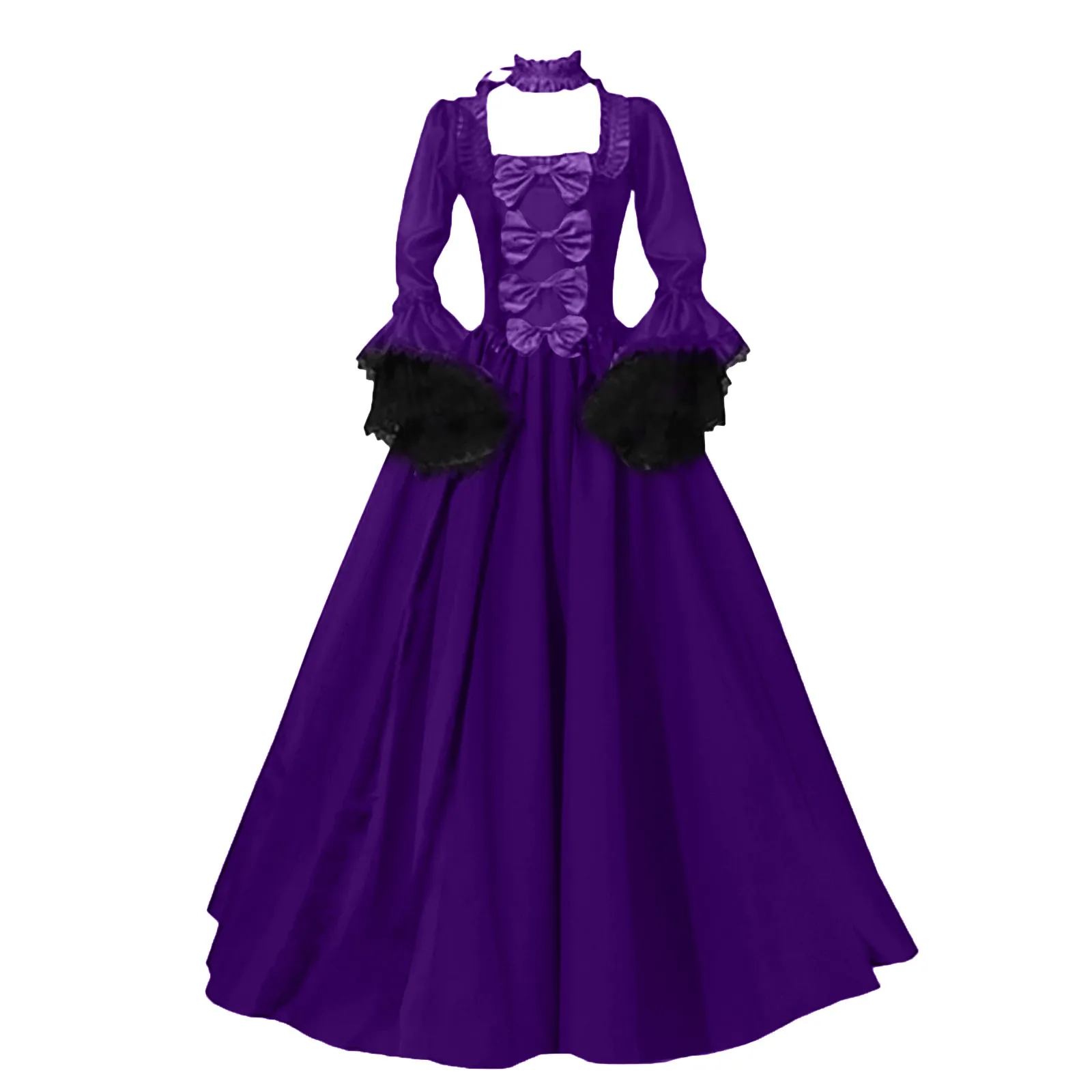 Medieval Victorian Court Lace Patchwork Gothic Dress Halloween Witch Cosplay Party Costume Square Neck Flare Sleeve Maxi Dress 2