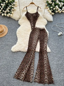 SINGREINY 2026 Newest Leopard 2pcs Suits Women Sexy Strap Tops+Elastic Waist Flared Pants American Ins Fashion Hotsweet Sets 1