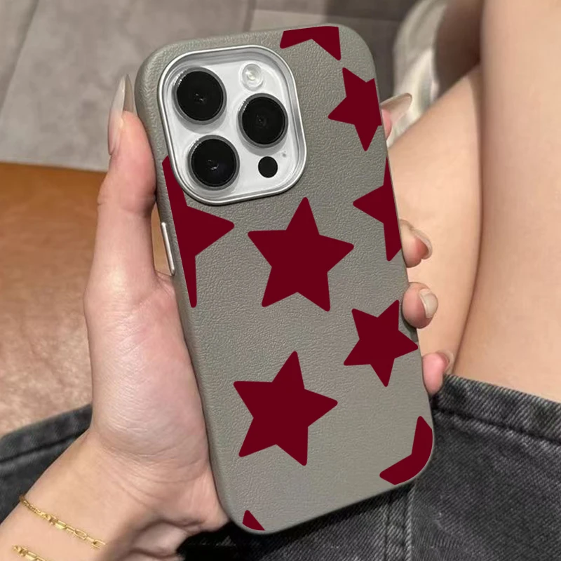 Red Stars Lychee Pattern Soft Phone Case Cover