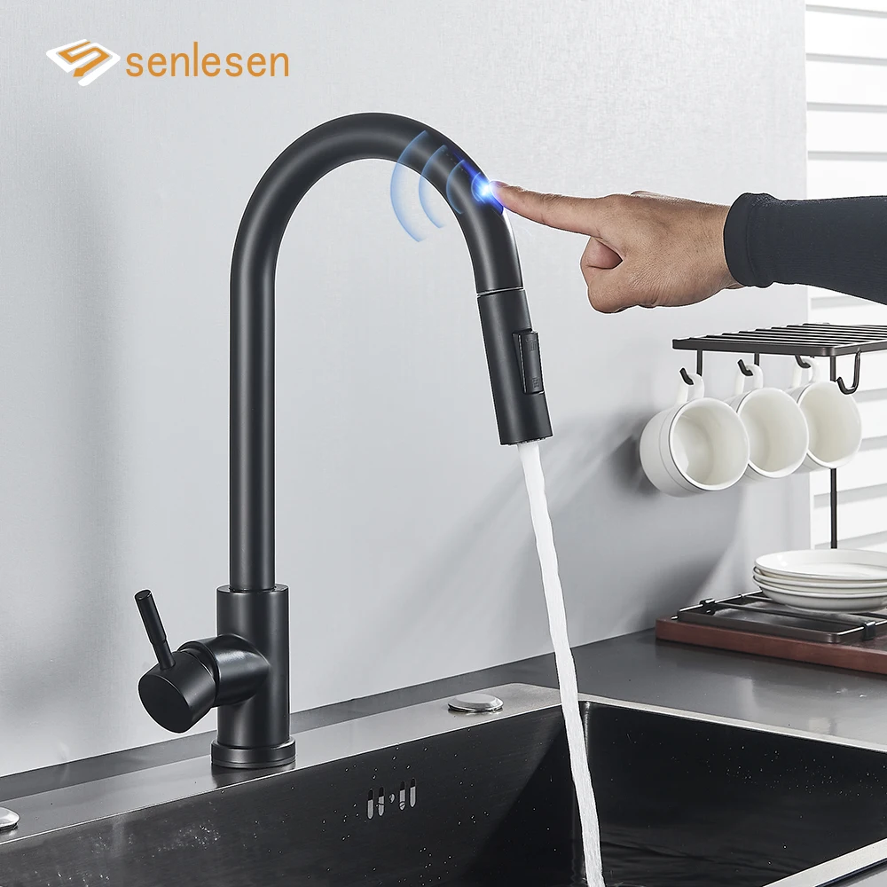 Senlesen Matte Black Kitchen Sensor Faucet Deck Mount Stream & Sprayer ...