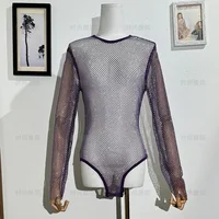 Fashionable Sexy Performance Clothes Mesh Hollow Jumpsuit Round Neck Perspective Long Sleeve Sparkling Bottoming Shirt for Women - Image 4