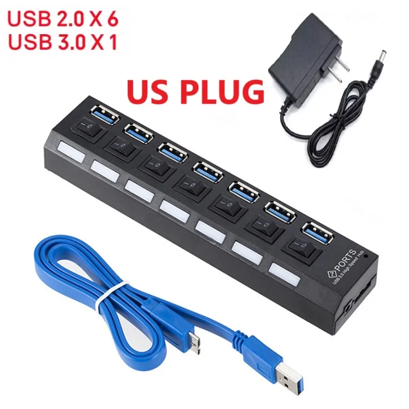 High-Speed USB 3.0 Hub with 4 or 7 Ports and External Power Adapter