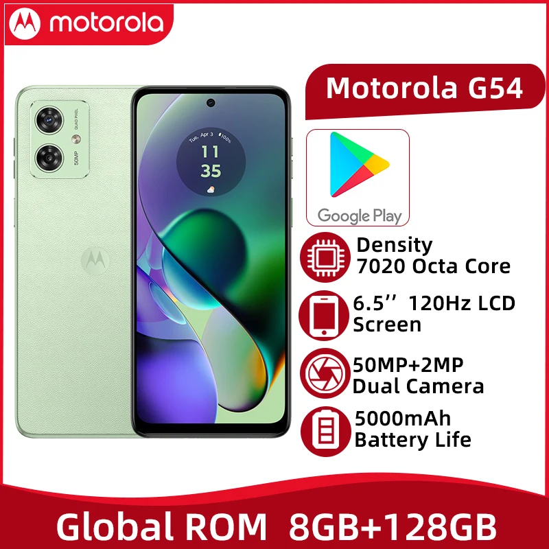 글로벌 롬 모토로라 G54 5G 8GB 128GB 6.5 인치 120Hz LCD 화면 밀도 7020, 50MP QIS 카메라, 5000mAh 배터리, 15W 충전기 