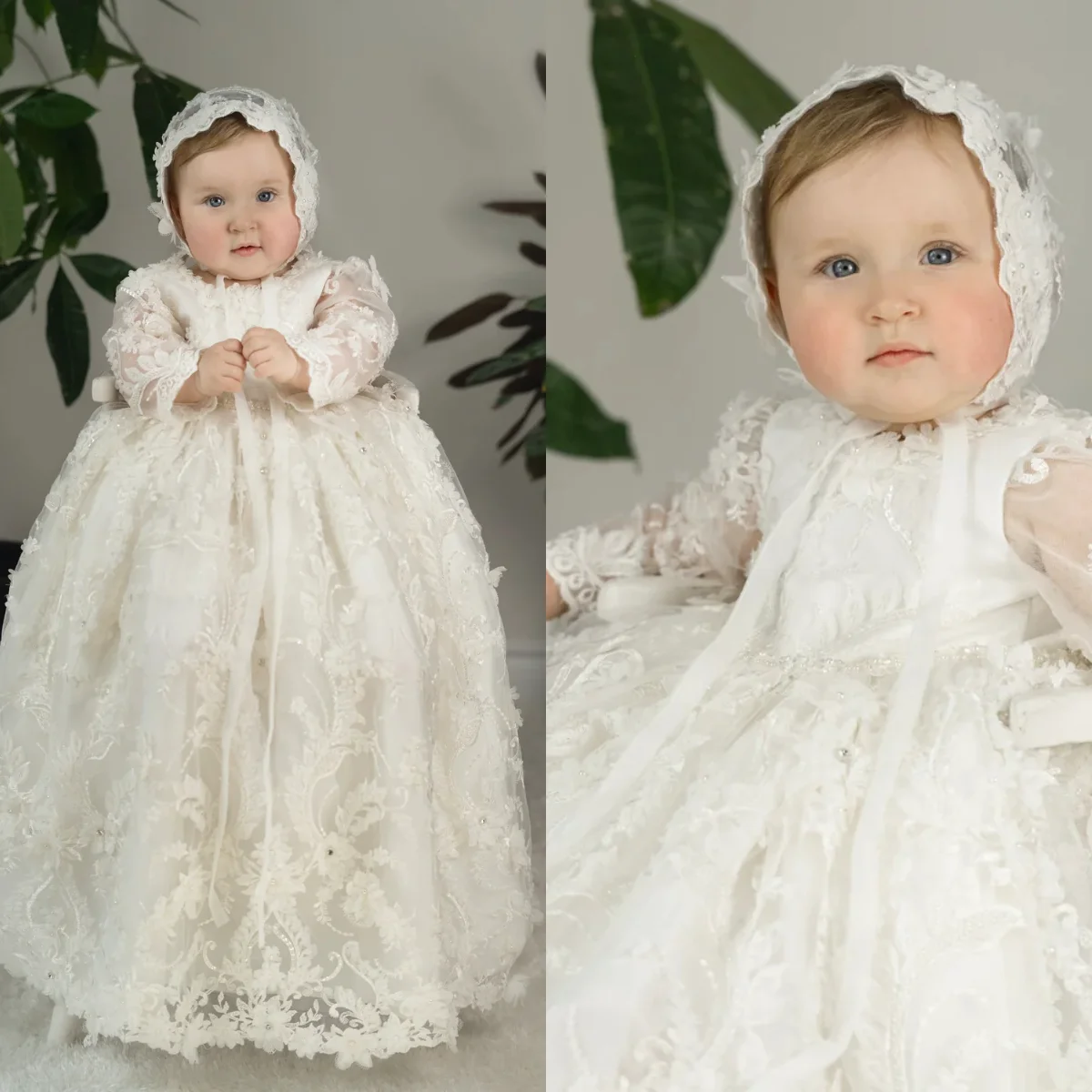 Long Sleeve Lace Christening Gown 1