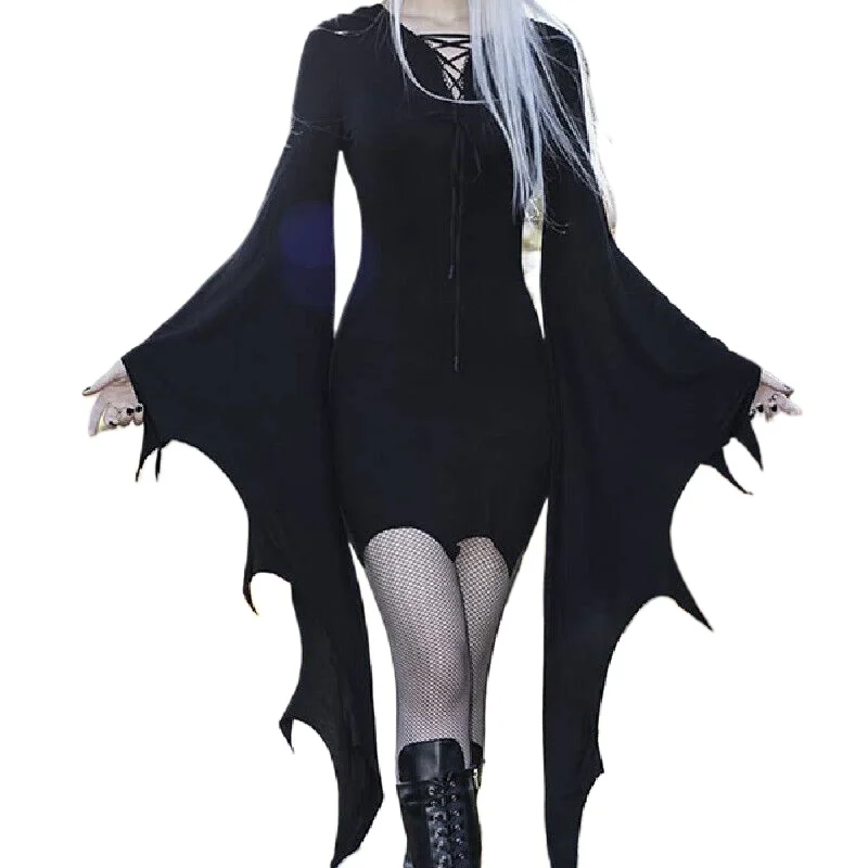 Witch Dress Vampire Nienna Costume Gothic Gown Women Elf Bat Wing Sleeves Mini Dress Pixie Pagan Outfit Halloween For Adult