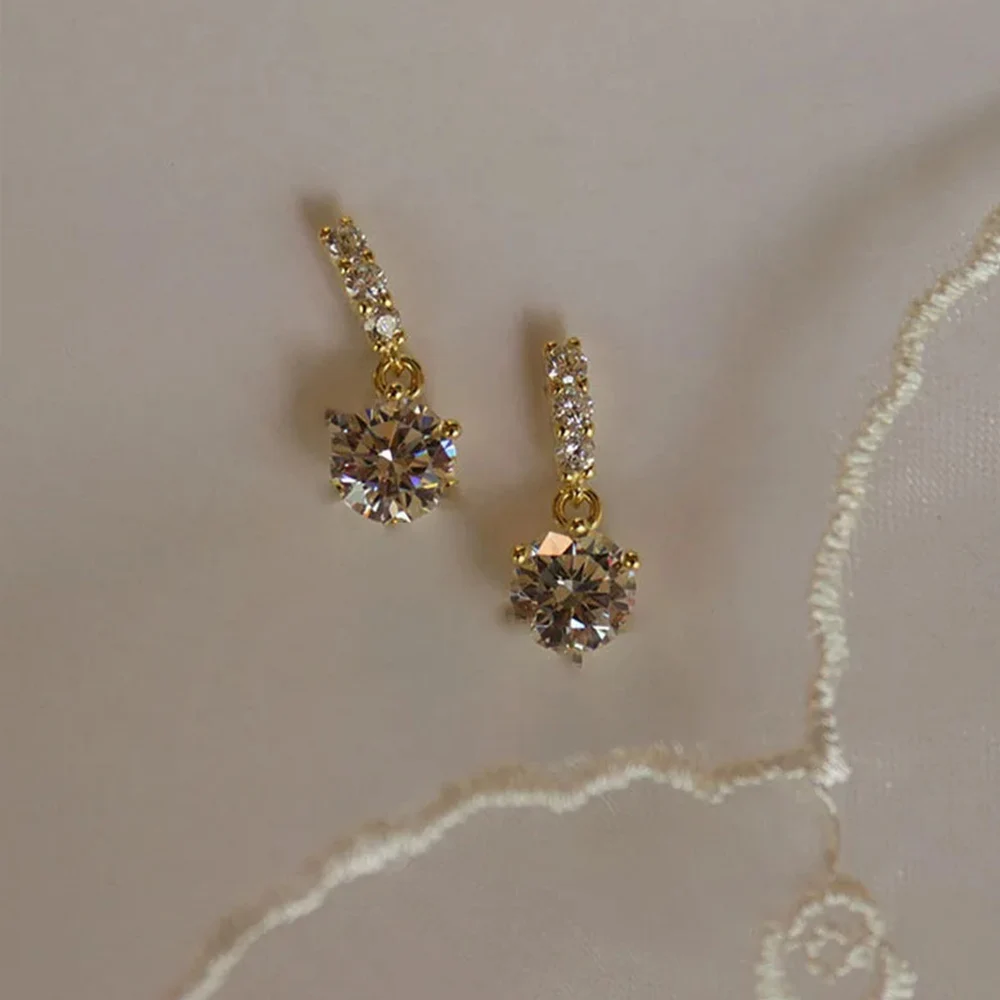 Stud Earrings Gold Color Metal Bar Round Cubic Zirconia Stone For Women Bowknot Shape CZ Post Classic Sparkling
