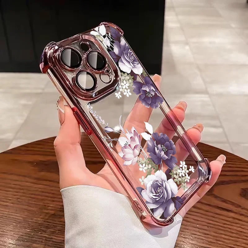 Purple Pink Floral Plating Shockproof Phone Case Cover