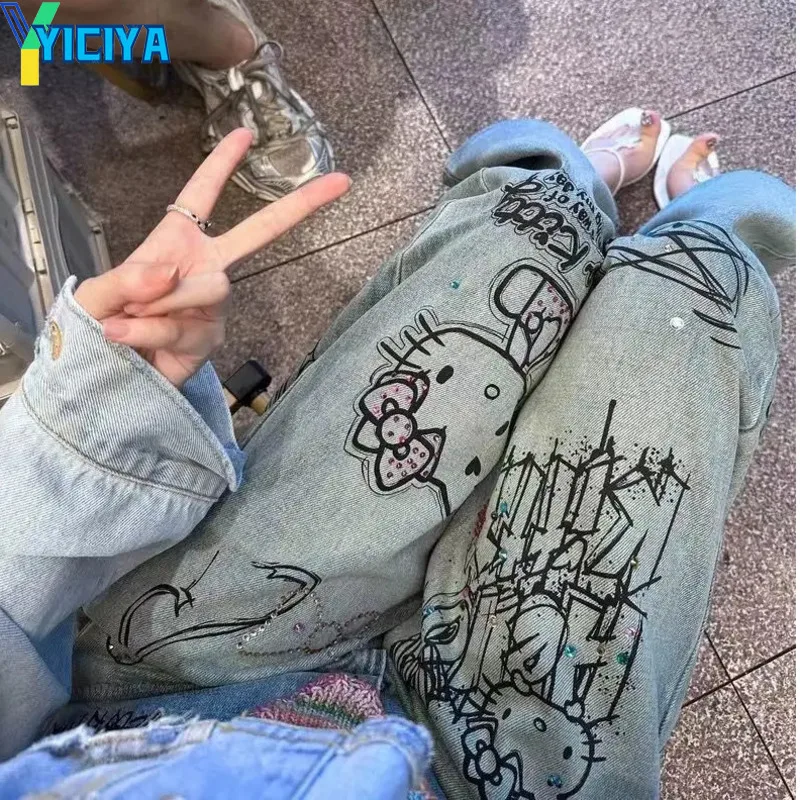YICIYA y2k jeans Hot Diamond HK Graffiti Women Jean American High Street Y2k Girl Denim Trousers New Loose Casual Wide Leg Pants