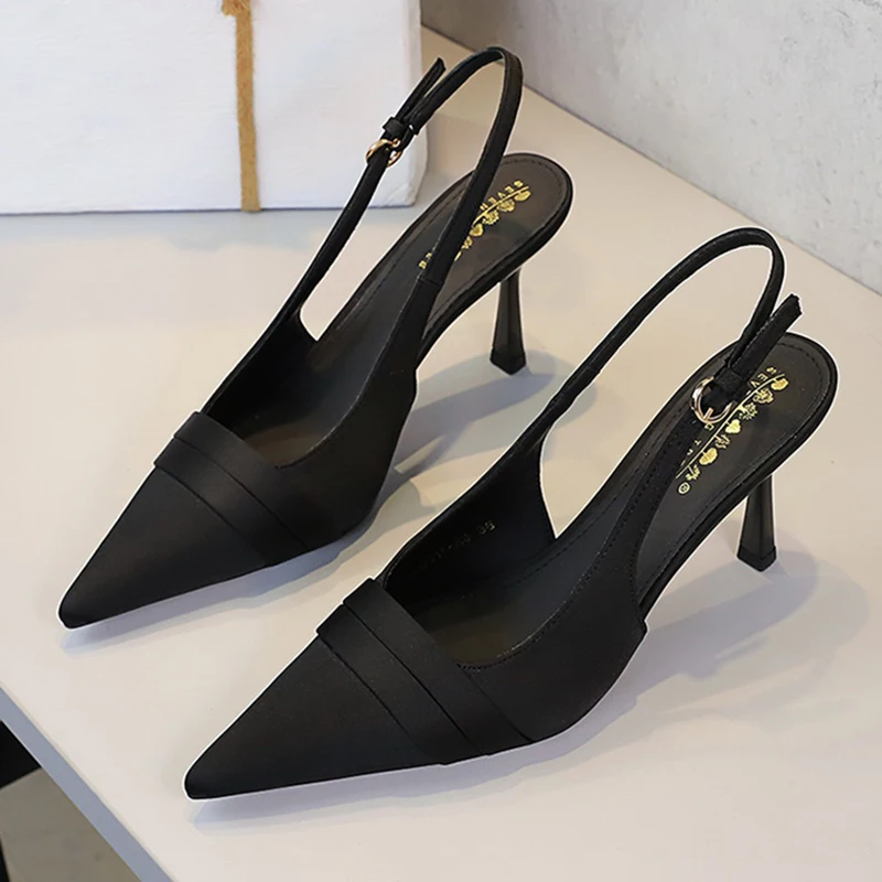 Damen Neue Elegante Dunkelviolette 9cm Hohe Absätze Sandalen Weibliche Mode Satin Valentinstag Date Schuhe Damen Schicke Spitze Pumps – Detail 9
