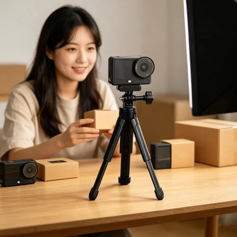 Perche télescopique 2in1 entièrement étendue, tenant une GoPro, montrant la portée maximale et la poignée ergonomique.