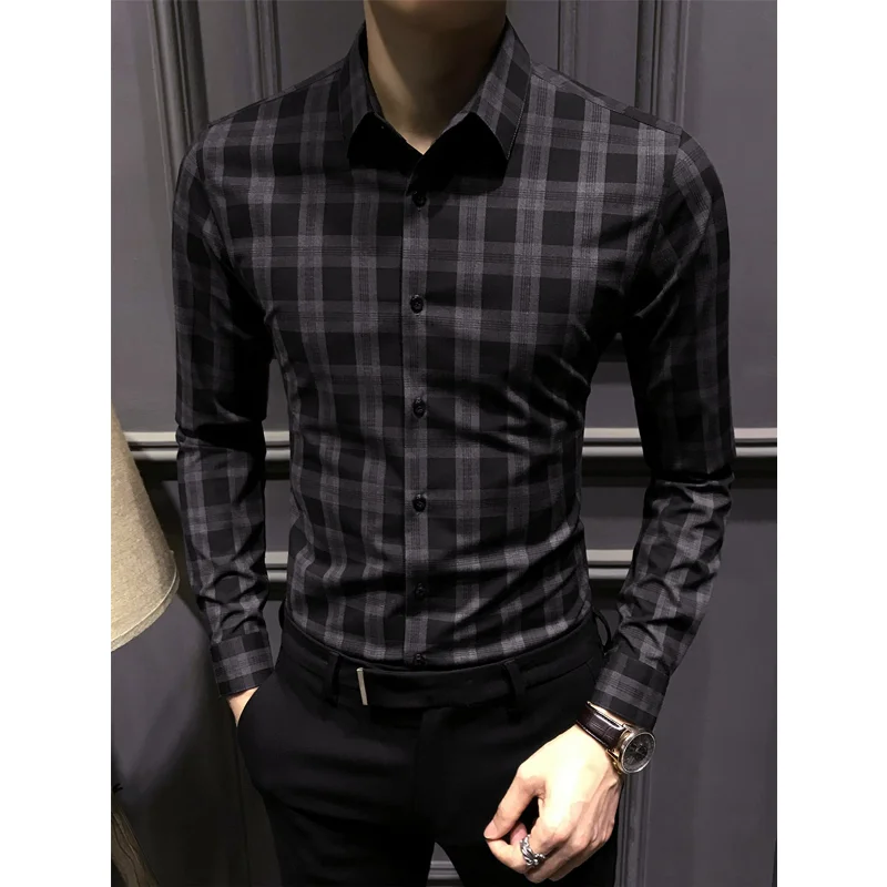 

2023 New Men's Long Sleeve Shirt Summer Plaid Stripe Polo Black