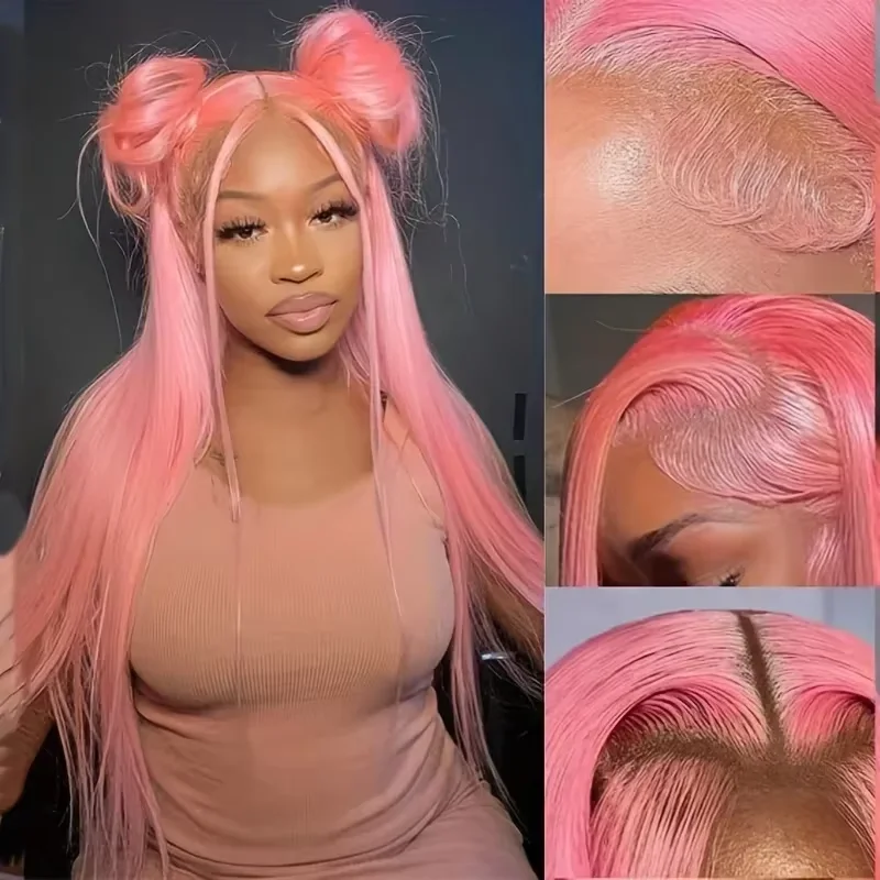 250% Density Light Pink Bone Straight Pink Human Hair Wig 30 Inch 13x6 HD Transparent Lace Frontal Wigs Real Human Hair 2