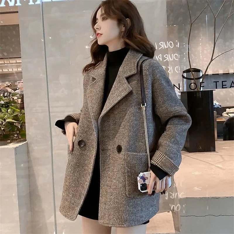 

Корейская версия, свободный однотонный топ в британском стиле из шерсти, Женское зимнее пальто, новинка, цельная куртка, Женская осенне-зимняя куртка
