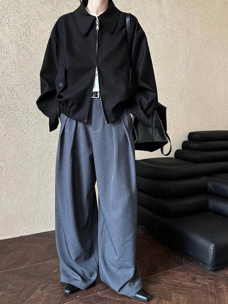 [LANMREM] Pleated High Waist  Wide Leg Pants For Women Solid Straight Office Lady Loose Trousers Female 2025 Autumn New 26C291