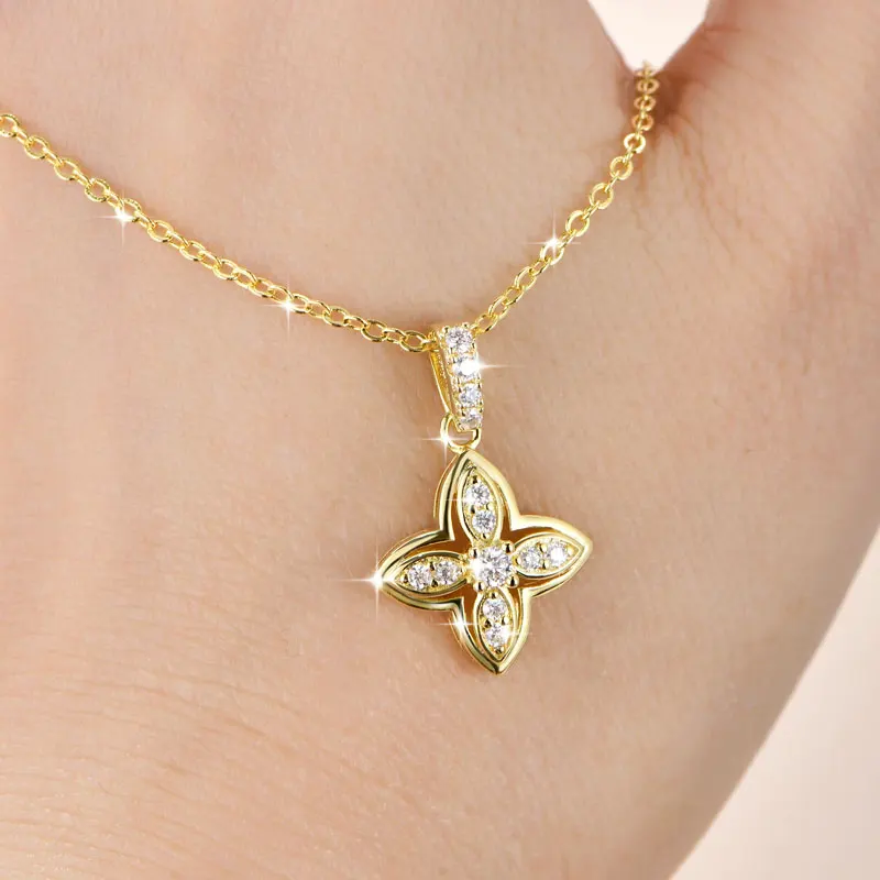 OXTAO Runde Moissanit-Halskette mit vierblättriger Blume für Damen, Kleeblatt-Anhänger-Halskette, Hochzeit, Party, Schmuck, 14 Karat Gold gefüllte Kette – Detail 10