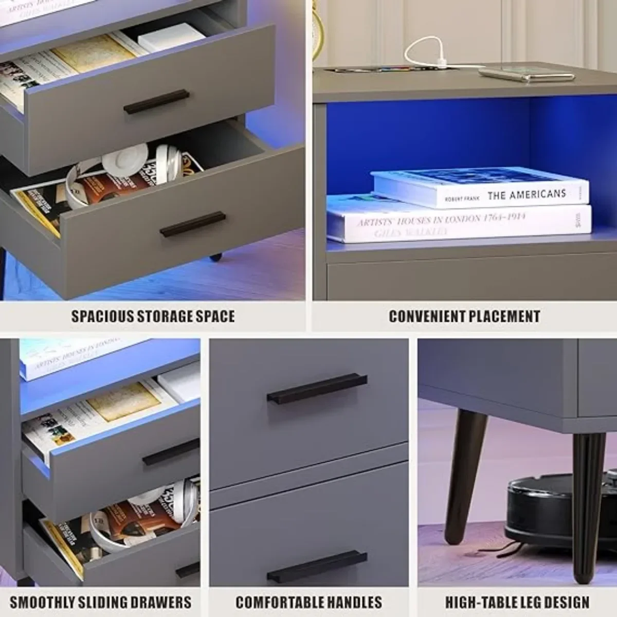 Nightstand with Wireless Charging Station with RGB Light,with Human Sensor, 2 Drawers & Open Shelf(Grey) 6