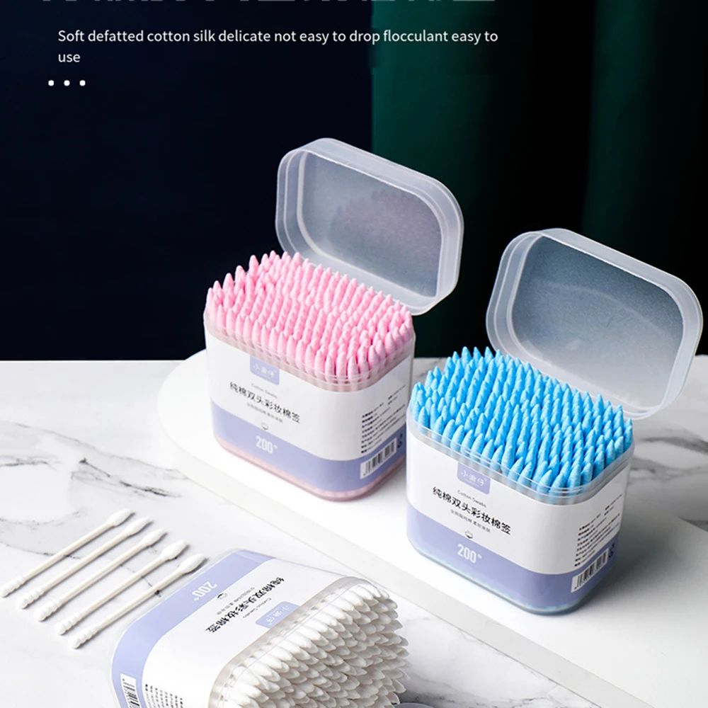 

200pcs Colorful Double Head Cotton Swab With Box Cosmetic Bamboo Buds Tip Nose Ears Cleaning Tools Sticks Makeup Cleaner