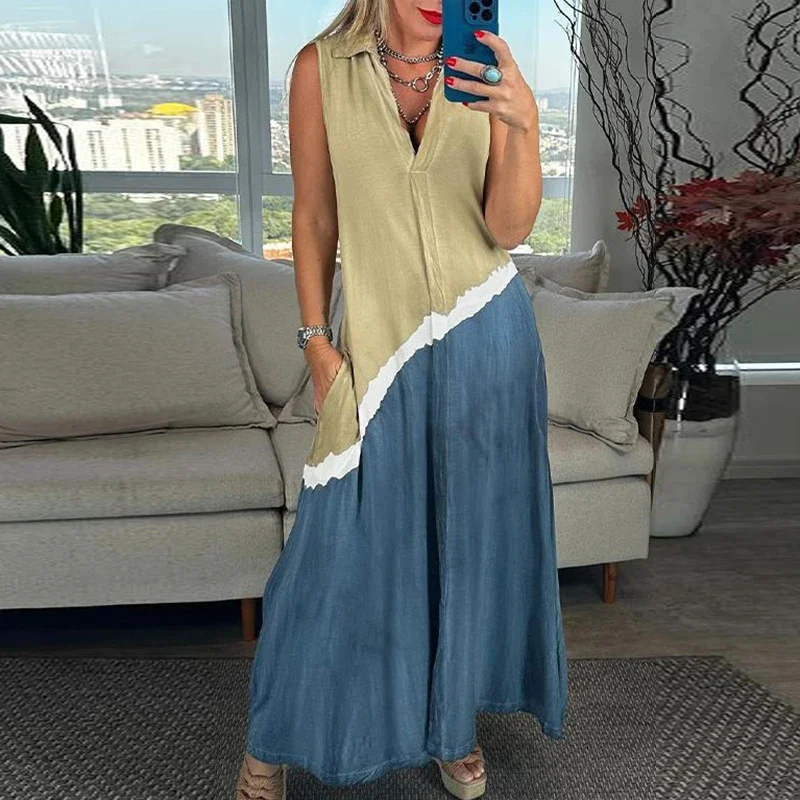 

Fashion Hollow Sleeveless Pocket Long Dress Casual High Waist Holiday Party Dress 2024 Summer V-neck Printed Women's Dress Mujer