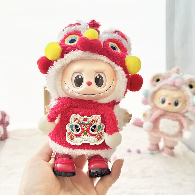17cm Labubu Clothing Red Festival Clothing Red Awakening Lion Set Tang Costume DIY Doll Accessories Ropa Toys