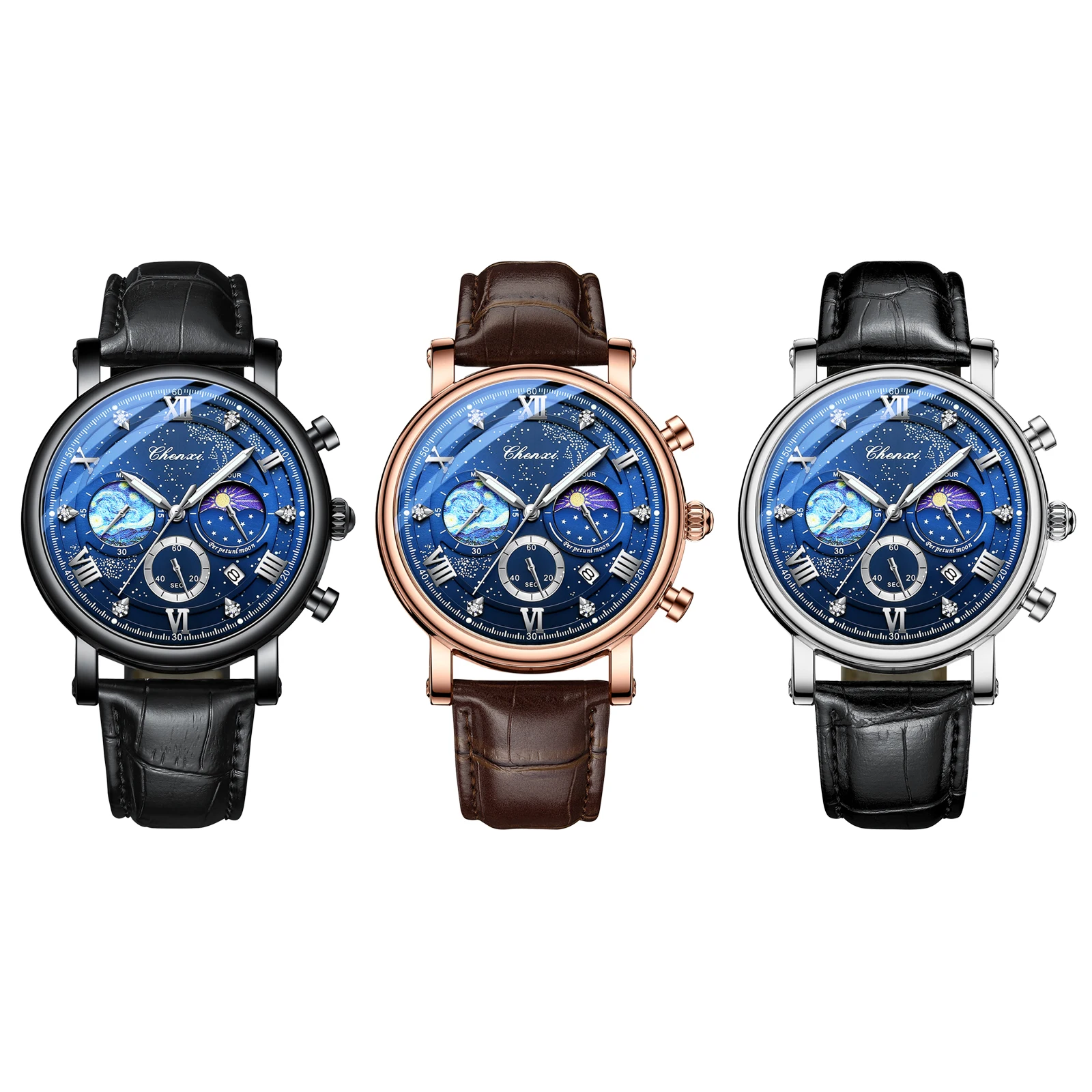 Men's quartz watch Leather strap waterproof watch Van Gogh Starry Sky decorated dial Chronograph Stopwatch Calendar available