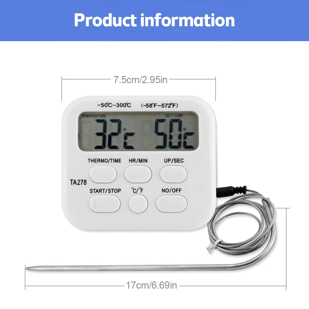 Description Picture 4 of itemTA278 Digital Kitchen Thermometer Timer Stainless Steel Probe Meat BBQ Food Temperature Barbecue Cooking Tools with Alarm