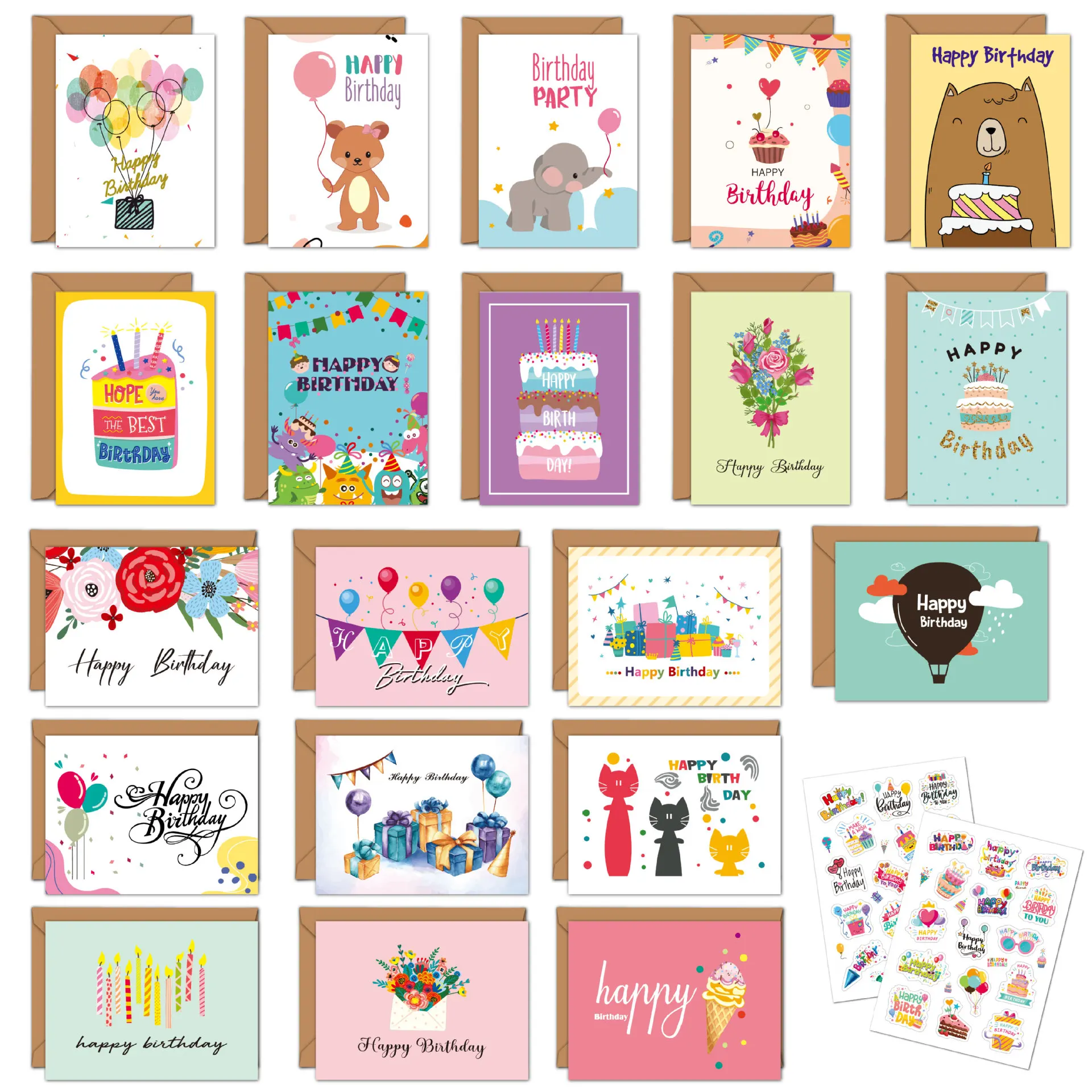 Assorted Happy Birthday Greeting Cards and Envelopes Set - 20 Handwritten Folded Cards
