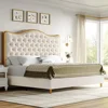 Queen/King Size Platform Bed Frame with 55" Tall Curved Headboard, Modern Velvet Upholstered Bed Frame with Deep Tufted Button 1